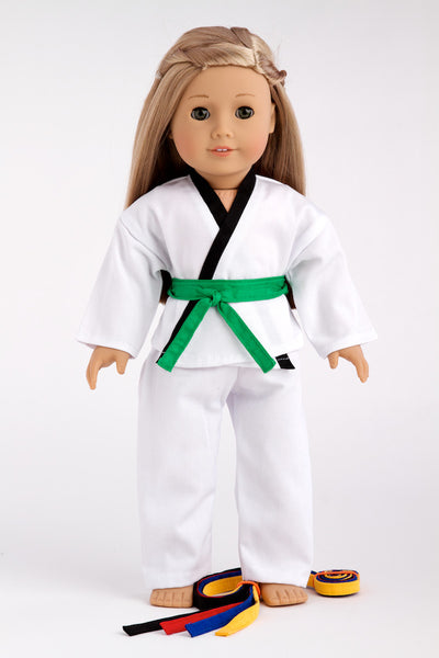 Yin and Yang Clothes for 18 inch Doll Karate Tae Kwon Do Uniform Blouse Pants and 5 Belts Yellow Green Red Blue and Black